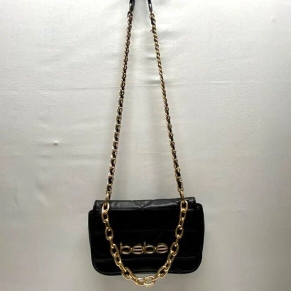 Bebe Gia Crossbody Shoulder Bag Quilted Faux Leather Gold Chain Strap Logo GUC - Picture 3 of 15